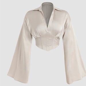 NWT Cider Vanilla Cream Corset Satin Blouse with Flared Sleeves